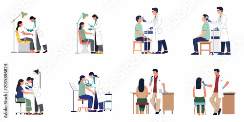 Bild auf Leinwand A set of flat vector illustrations showing dermatologists examining patients' skin and moles using a dermatoscope in a clinical setting