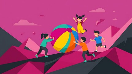 Crédence de cuisine Rose Children playing with a large colorful ball in a vibrant landscape  © Deki