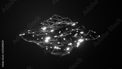 Floating Polygon Wireframe Form Lit by White Digital Nodes
