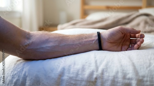 Close up of a mans arm with prominent veins resting on a pillow