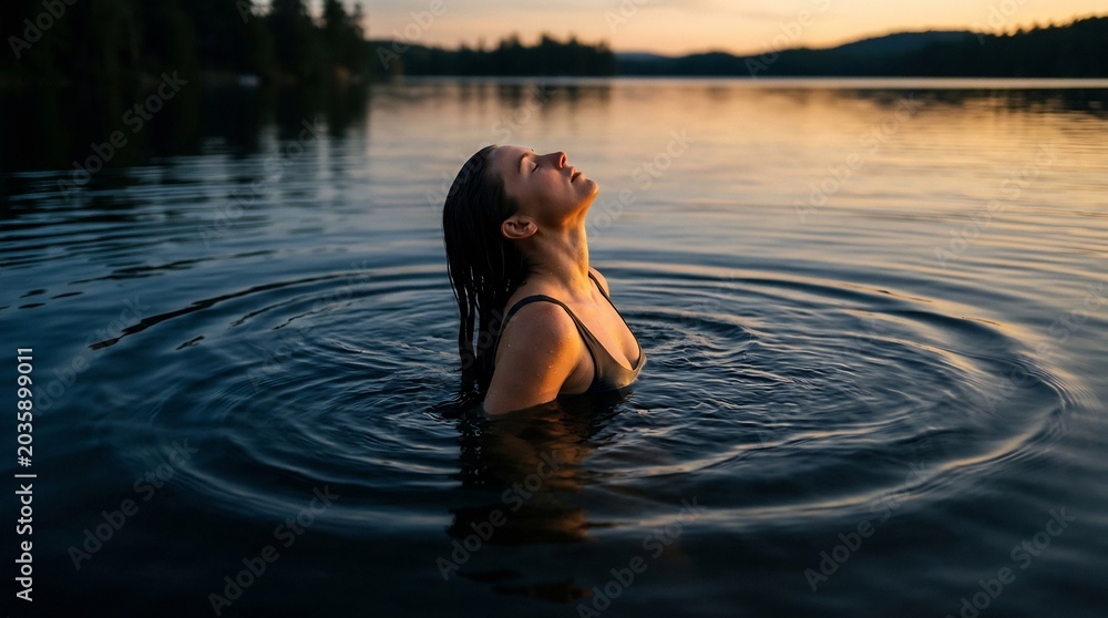 Fototapeta premium Spiritual relaxation woman bathing in golden lake at sunset