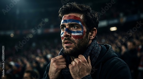 Anxious sports fan with face paint watching a game in a stadium