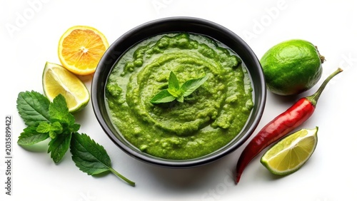 Aerial view of green chutney in a black ceramic bowl garnished with mint coriander lemon and green chili on a white background