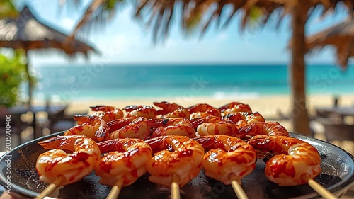 Delicious grilled shrimp skewers with a tropical beach background