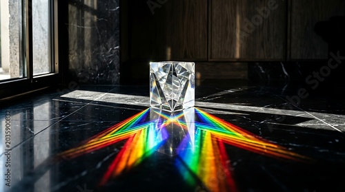 Crystal cube casting a brilliant rainbow light on dark marble floor