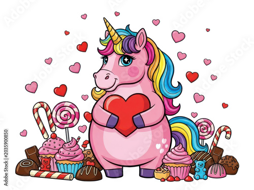 Cute cartoon unicorn with heart holding lollipops and cupcakes in pastel party scene