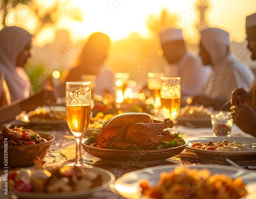 Muslim family enjoying Iftar dinner together outdoors during Ramadan at sunset.