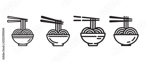 Tableau sur toile Set of four simple line art icons of ramen noodles in a bowl with chopsticks, showing variation in detail and style