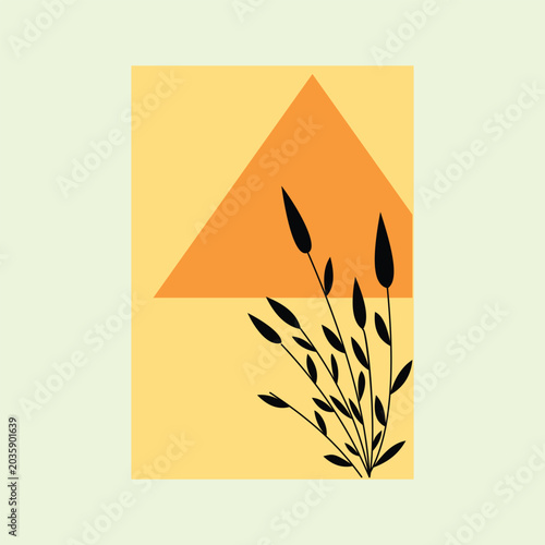 Modern abstract minimalist art poster layout featuring black plant leaf silhouettes combined with orange triangle and yellow rectangle geometric shapes. Perfect for home decor and gallery prints.
