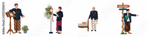 Obraz na plátně Collection of illustrations featuring men in traditional Javanese attire performing roles as wedding ushers, decorators, and attendants