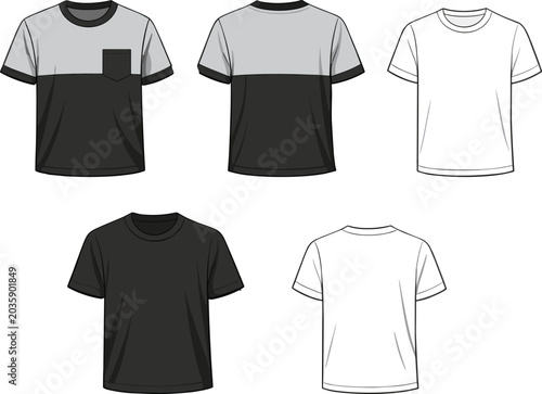 Foto Flat fashion illustrations of T-shirt variations including two-tone pocket desig