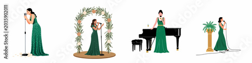 Bild auf Leinwand Set of illustrations featuring elegant women in green evening gowns singing and performing at formal events like weddings, concerts, and parties