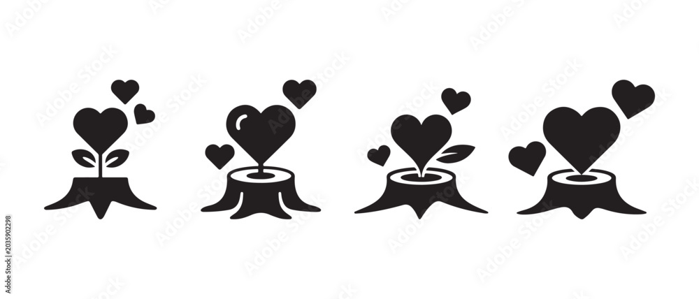 Fototapeta premium Black heart growing from tree stump with leaves and smaller hearts floating around, representing love and new beginnings.