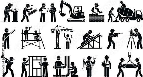 Construction worker silhouettes with hard hats performing welding, bricklaying, surveying, crane operation, and diverse building site activities