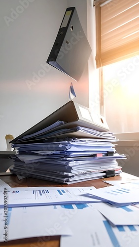 Stack of office documents on desk.