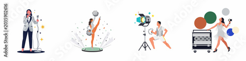 Obraz na plátne Flat vector illustrations of entertainers and stage crew in sequined costumes, featuring a singer, dancer, cheerleader, and production staff on white background