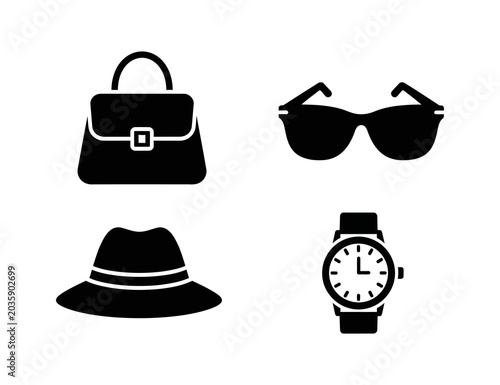 Fotografie Set of stylized fashion accessories including a handbag, hat, sunglasses, and wr