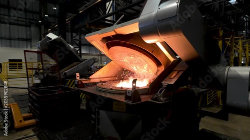 Cinematic industrial footage featuring molten metal pouring from a high-temperature furnace inside a modern manufacturing facility. Intense heat, glowing steel, sparks, heavy machinery, and industrial