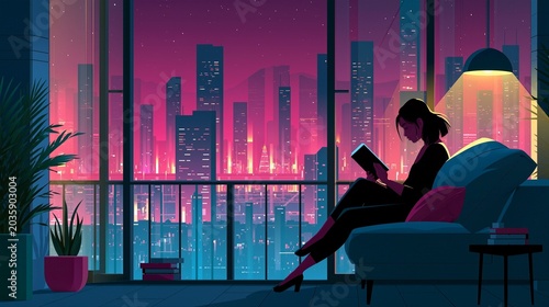 Woman reading an e-book on a balcony overlooking a neon city at night with soft indoor lighting and urban lifestyle in bold minimalist vector artwork.