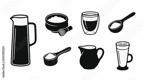 Minimalist black and white vector illustration set of beverage preparation items: pitchers, glasses, bowls, spoons, and whisks, clean graphic style.