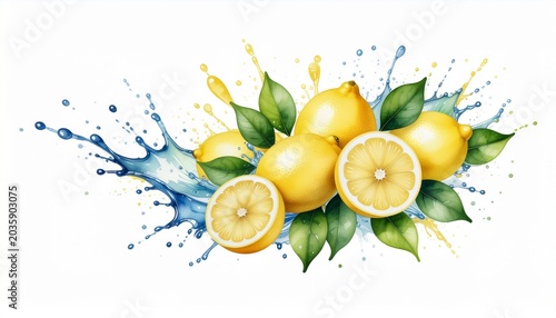 Lemons splash with leaves and juice on a refreshing summer day