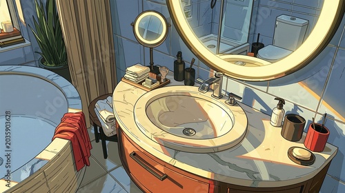Minimalist luxury hotel bathroom featuring a clean floating vanity and an illuminated circular mirror in elegant minimalist flat art illustration style.