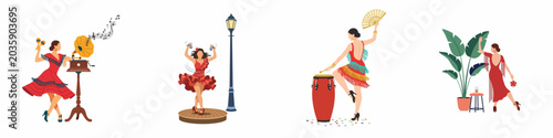 Vector illustrations of elegant women performing Latin and Spanish dances with musical instruments, gramophone, and traditional accessories in vibrant scenes.