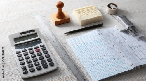 Workspace Tools Calculator, Pencil, Grid Paper, and Stamp