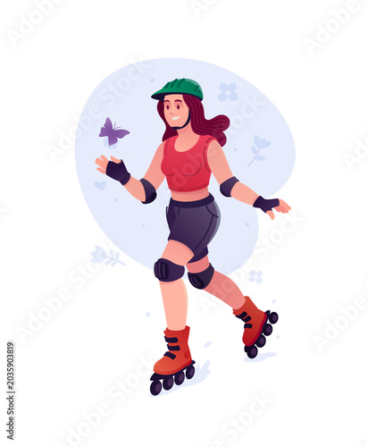 Young woman rollerblading in helmet and protective gear vector illustration. Happy girl skating on roller skates. Active summer outdoor sport, healthy lifestyle concept.