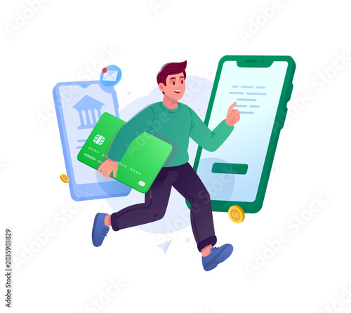 Man running with credit card interacting with mobile banking app on smartphone screen vector illustration. Online money transfer, fast financial payment and digital cashback concept.