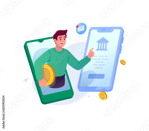 Man with gold coin interacting with mobile banking app on smartphone screen vector illustration. Online money transfer, financial transaction and digital savings concept.