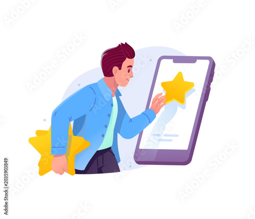 Man putting gold star rating on smartphone screen vector illustration. Mobile app feedback, customer review, digital rank ranking and online reputation management concept.
