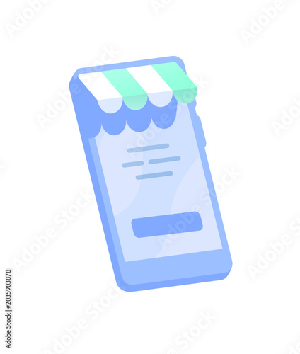 Smartphone with shop awning on screen vector illustration. Online shopping, mobile e-commerce, digital retail store application, marketplace buying and selling concept.