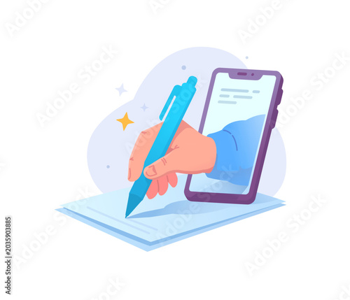 Hand with pen appearing from smartphone screen writing on paper document vector illustration. Digital electronic signature, online contract agreement and distance education concept.