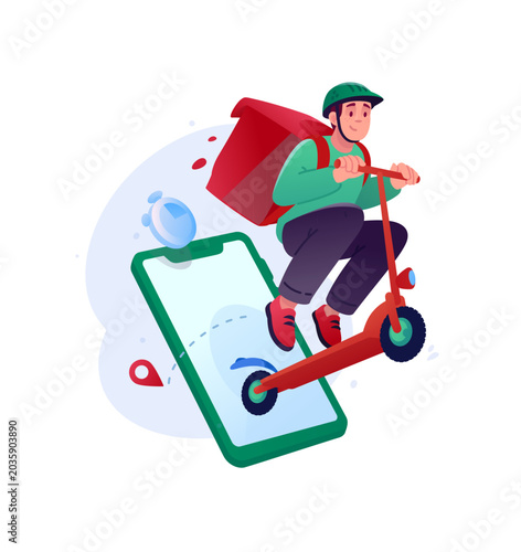 Delivery man riding scooter out of smartphone screen vector illustration. Couriers fast food delivery service, online tracking application and express logistics concept.