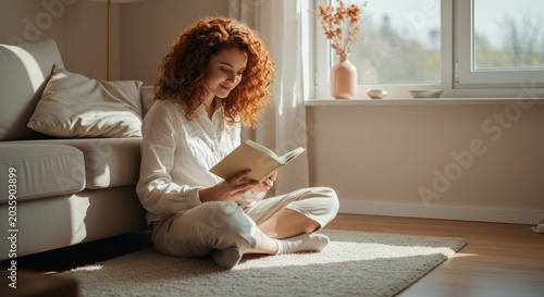 Woman sits on floor reading book beside couch in living room