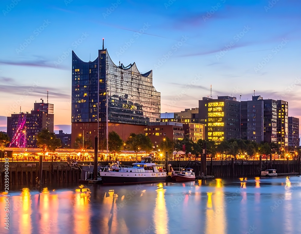 Fototapeta premium A serene cityscape at dusk with boats on calm waters