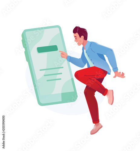 Man interacting with smartphone interface screen vector illustration. Mobile app user, digital online registration, tap button and login concept. Happy customer browsing website.