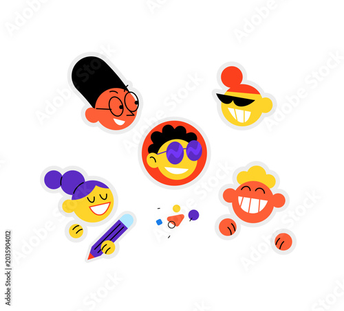 Cute cartoon character avatars and emoji sticker set. Funny diverse people faces with smiles, glasses and pencil vector illustration. Friendly community social media profile icons pack.