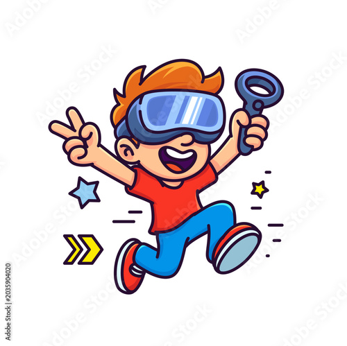 Cute boy jumping in VR headset holding controller vector illustration. Happy kid playing virtual reality video game showing peace sign. Active gamer mascot, futuristic gaming concept.