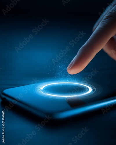 Finger touch glowing circle on smartphone screen, digital payment concept in dark blue light