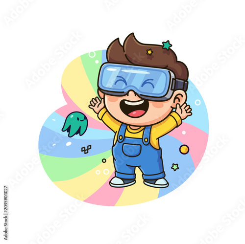 Cute boy wearing VR headset headset vector illustration. Happy kid playing virtual reality video game in cyberspace with rainbow background. Gamer mascot, futuristic tech concept.