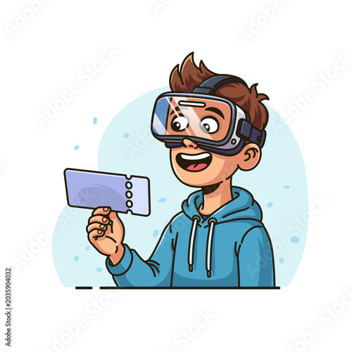 Young guy wearing VR headset holding ticket vector illustration. Happy teenager playing virtual reality game, cyber travel, digital booking and entertainment concept.
