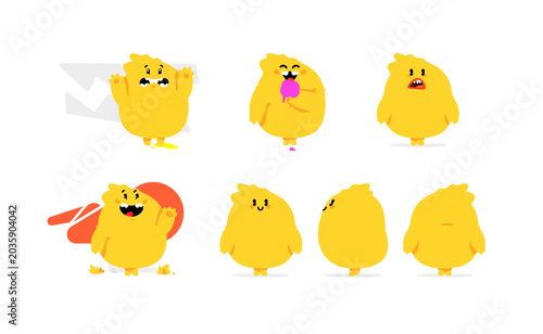 Cute yellow monster character emotions and poses sticker sheet set. Funny cartoon chick mascot vector illustration for kids design, UI avatar, facial expressions sheet.