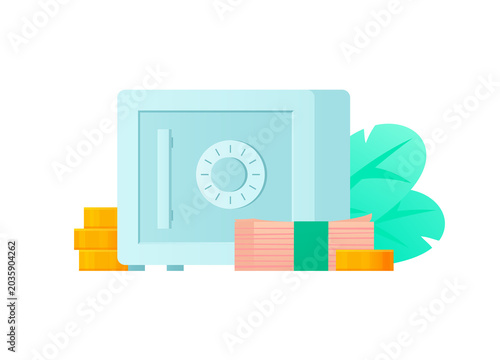 Metal safe box with money cash stacks and gold coins vector illustration. Secure banking, financial protection, wealth savings and investment concept.