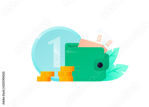 Green leather wallet with pink paper money banknotes and stacked gold coins. Illustration of personal financial savings, budget planning, wealth management and banking service concept.