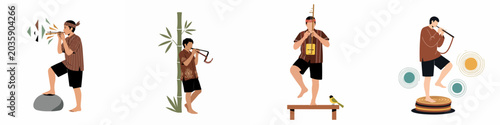 Tableau sur toile Collection of Men Playing Traditional Indonesian Wind and String Instruments in