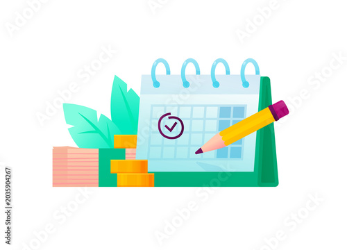 Financial calendar planning with money cash stack and pencil vector illustration. Tax payment deadline, budget management, business schedule and savings concept.