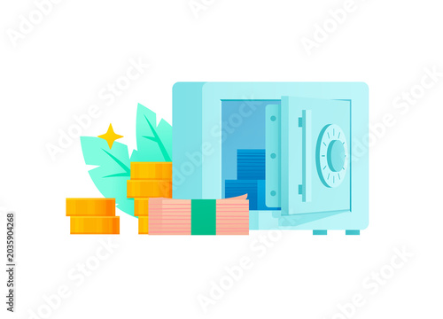 Open metal safe box with money cash stacks and gold coins vector illustration. Safe banking deposit, financial protection, wealth savings and capital investment concept.
