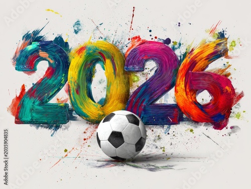 2026 football year colorful paint number with soccer ball and abstract splash for tournament campaign design